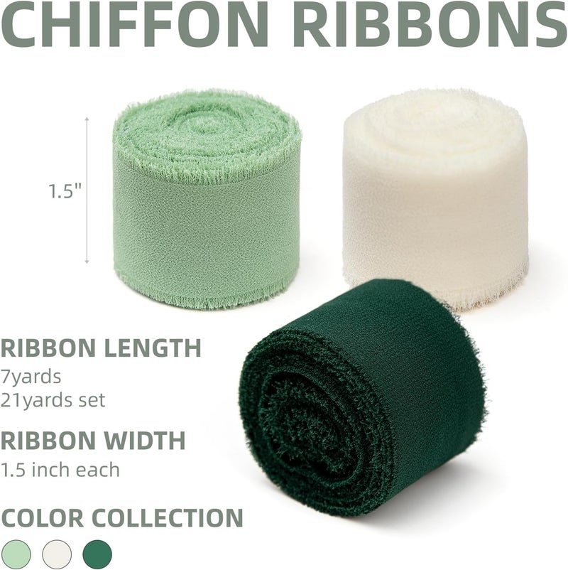 KEOSREE 3 Rolls Cream White & Sage Green Handmade Chiffon Ribbon,1.5" x 21Yd Frayed Fringe Silk Ribbons (3 Rolls *7Yd) for Gifts Wrapping, Wedding Invitations, Bridal Bouquets, Decorations - Image 2